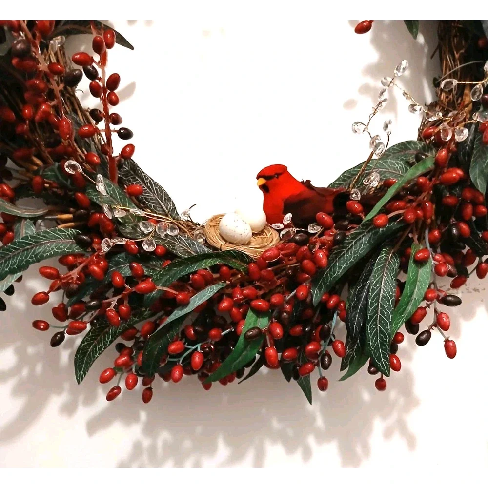 Winter Berries Door Wreath Realistic Red CARDINAL‎ Egg Nest Holiday Ice Crystals